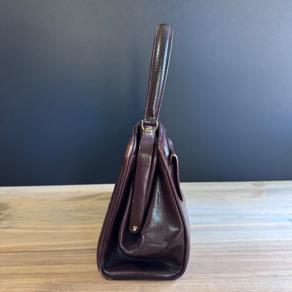 Vintage Italian Leather Frame Bag - Structured Burgundy Top Handle Satchel 70s - Picture 5 of 14